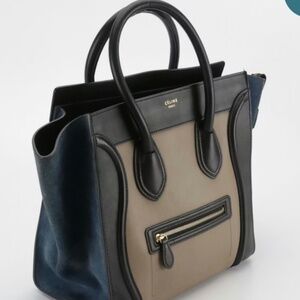 Céline Mini Luggage Tote in Black/Taupe Calfskin Leather and Blue Suede
